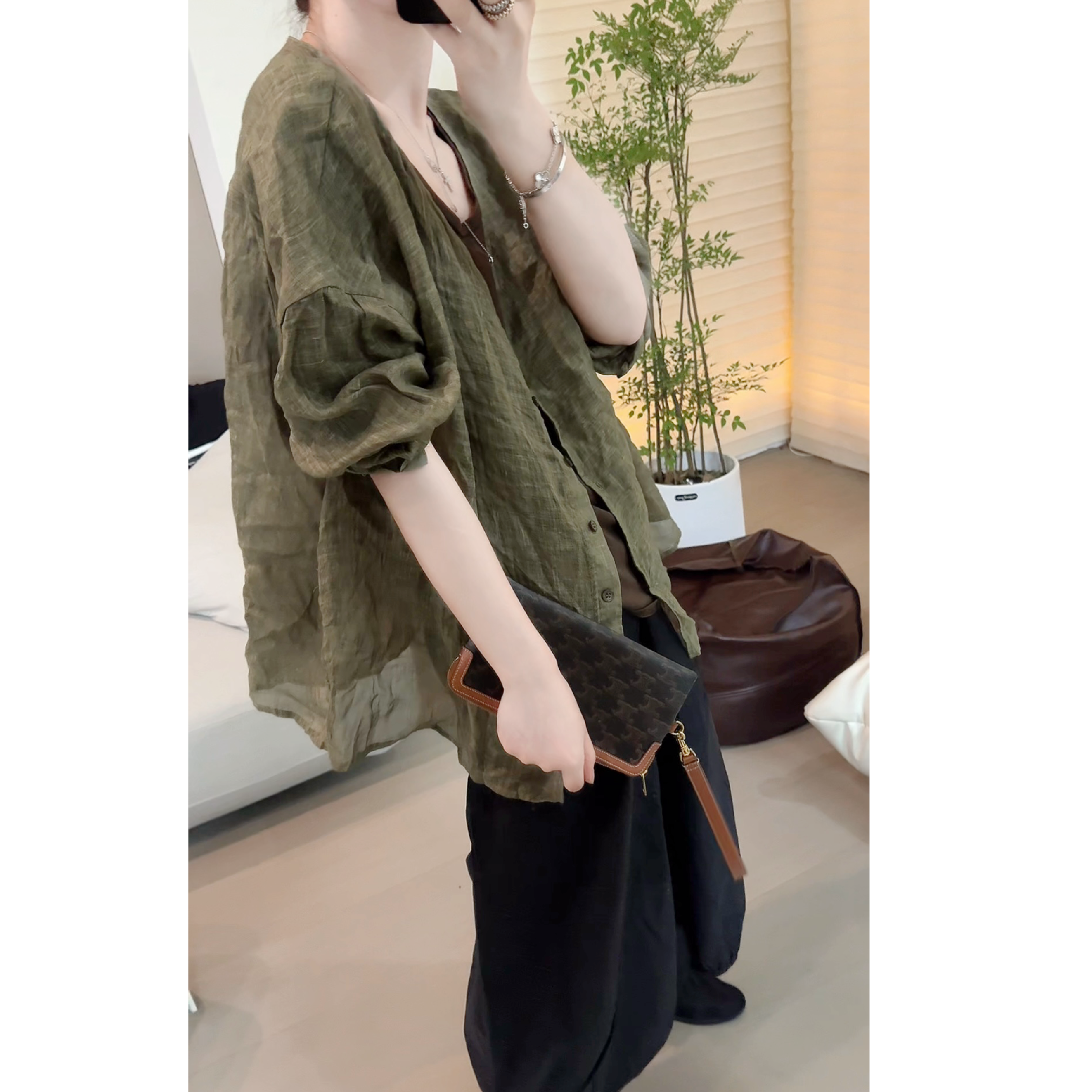 素调色织麻麻调性衬衫