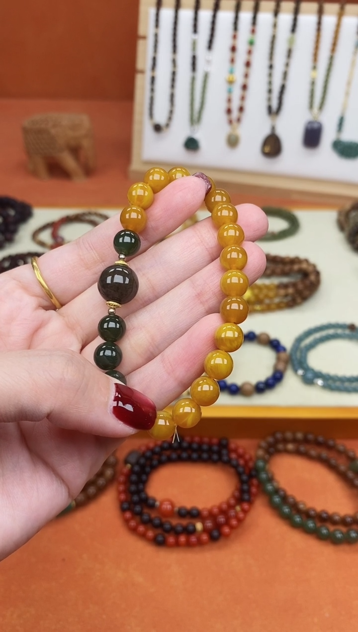 手链蜜蜡未镶嵌单圈蜜蜡和田菠菜绿手串