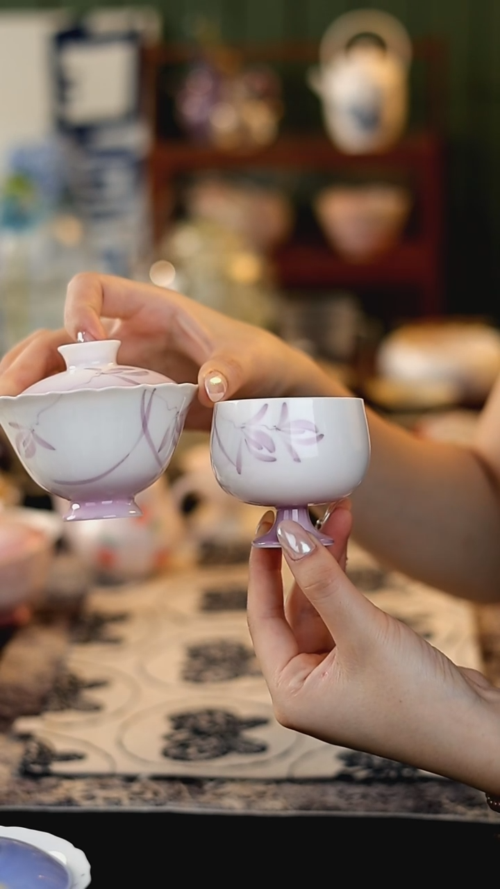 瓷片111111梵汝渐变紫手绘盖碗+杯子