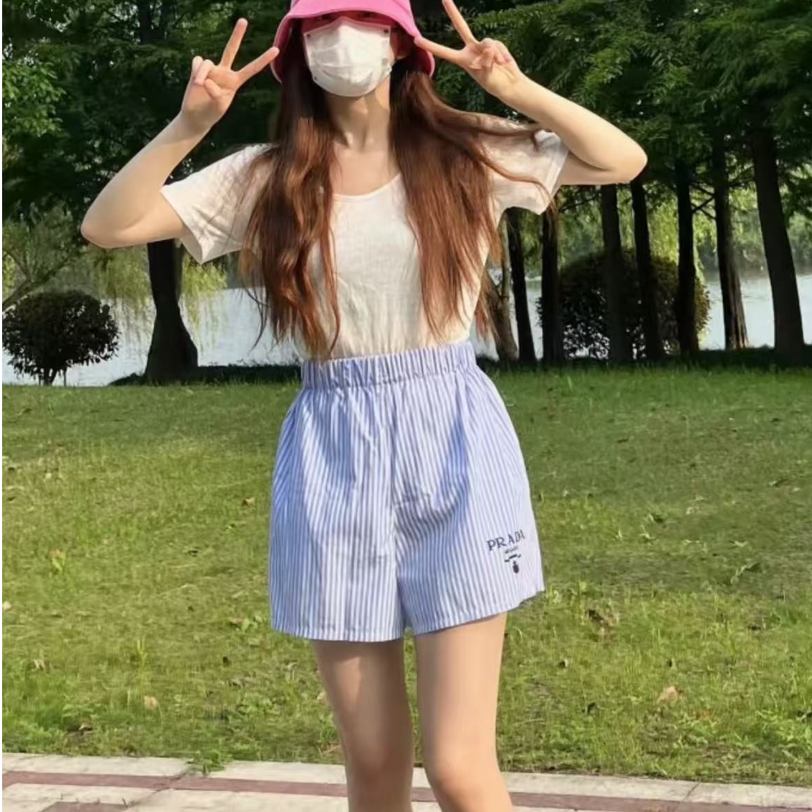 未使用 Prada/普拉达 蓝白条纹字母logo短裤