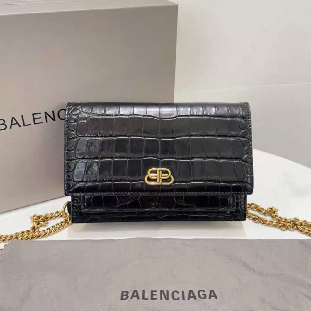 99新 Balenciaga/巴黎世家 黑色 经典款鳄压纹SHARP woc双B链条包