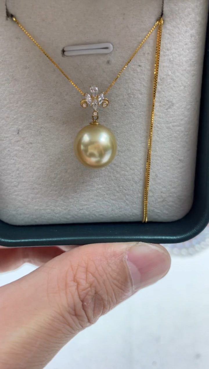 18K金镶嵌ff海水珍珠金珠吊坠(赠链）11~12mm