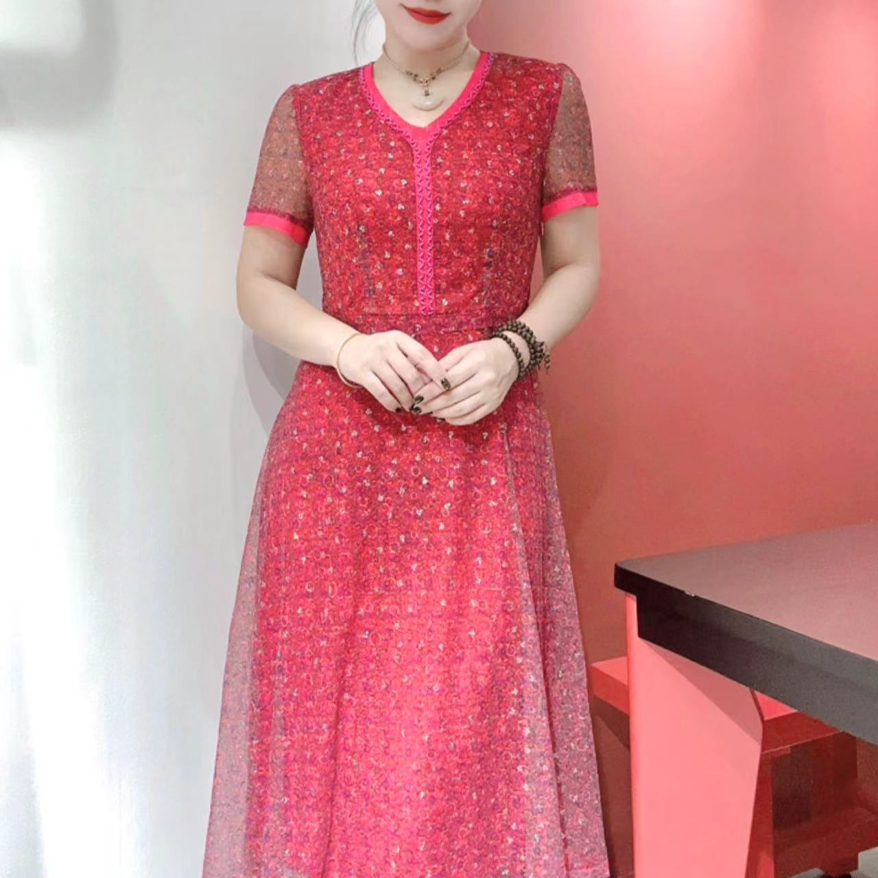 D  1311#妈妈装显瘦气质洋气时尚碎花夏季女装连衣裙裙子修身