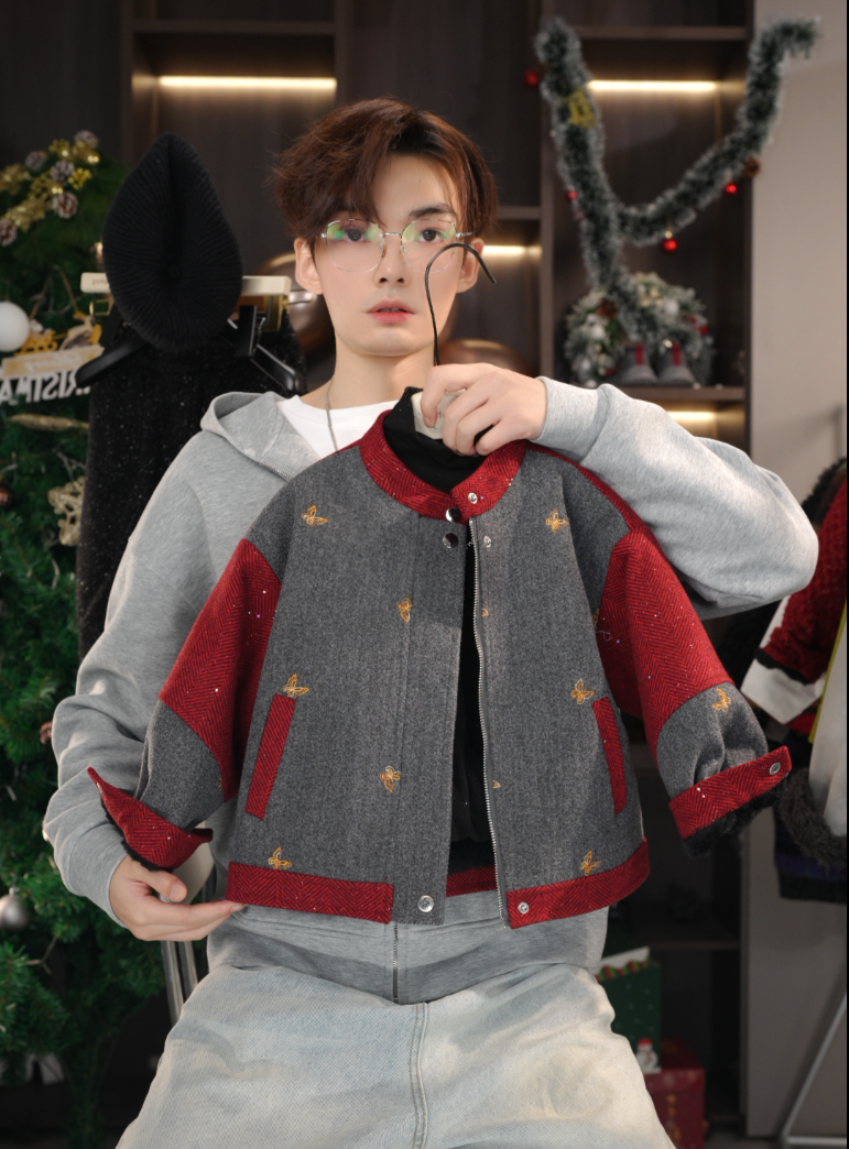 精致蝴蝶拼接毛呢2025新款男女童立领夹绒毛呢外套韩版外套25877