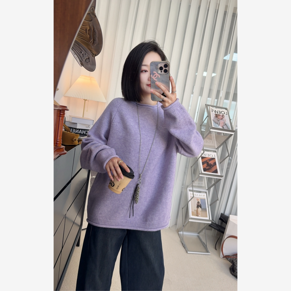【丽丽穿搭】2025秋冬韩系温柔宽松插肩袖纯色圆领套头毛衣女