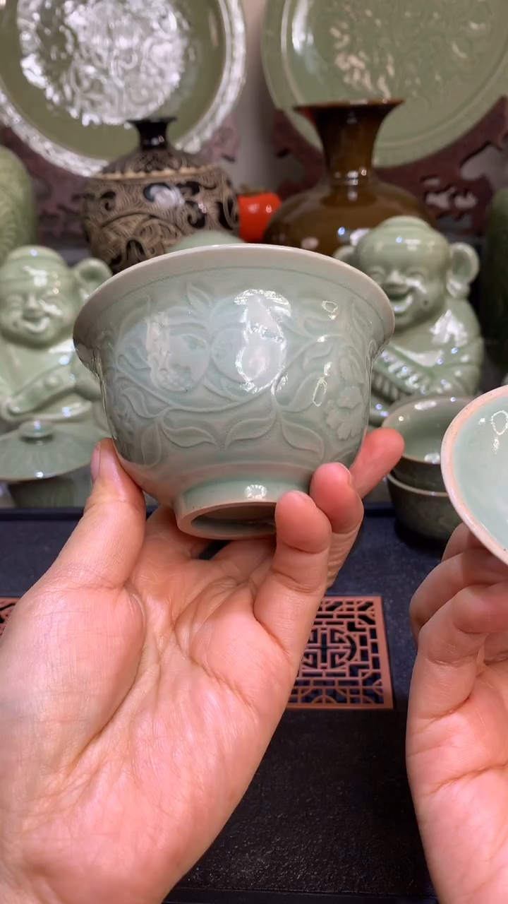 福利品耀州窑微瑕石榴纹二才盖碗150CC一只