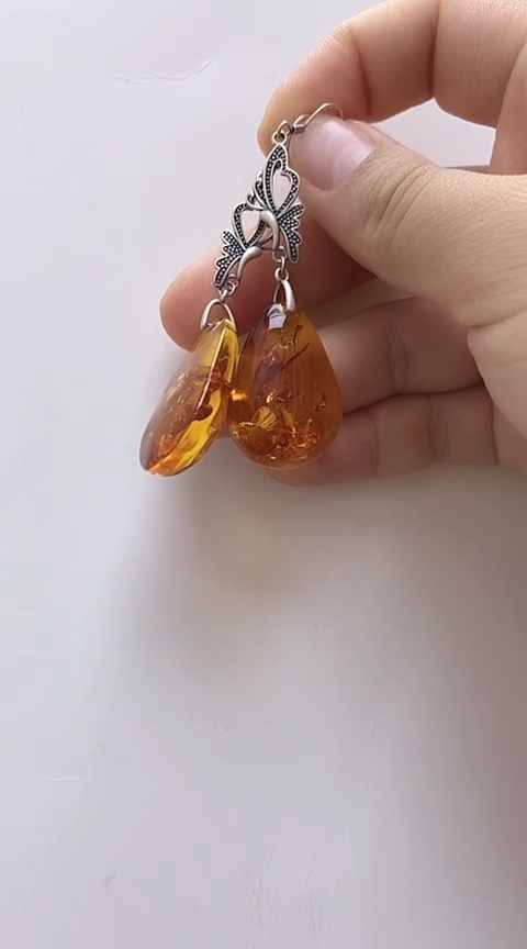 【闪购商品】琥珀裸石银S925镶嵌花珀耳坠