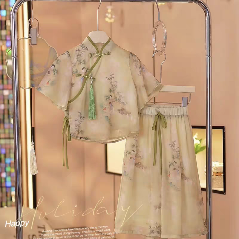 女童新中式国风仙女汉服套装阔腿裤两件套(无流苏）A 18-5-3