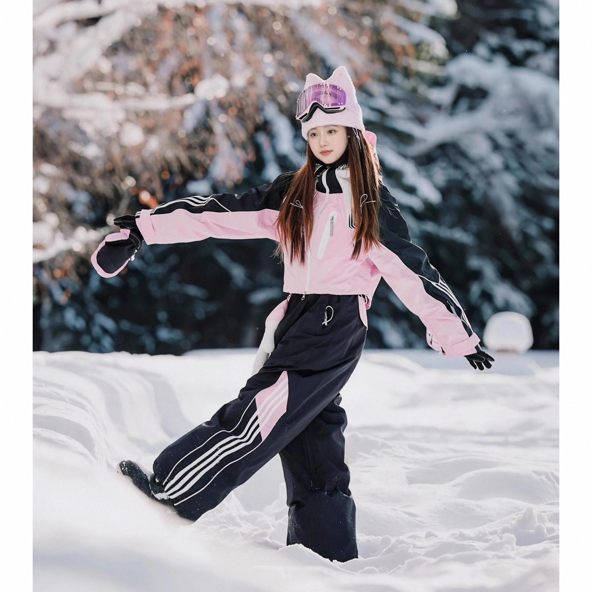 芙沿黑粉撞色短款滑雪服套装女2025冬新款户外防风单板双板雪衣