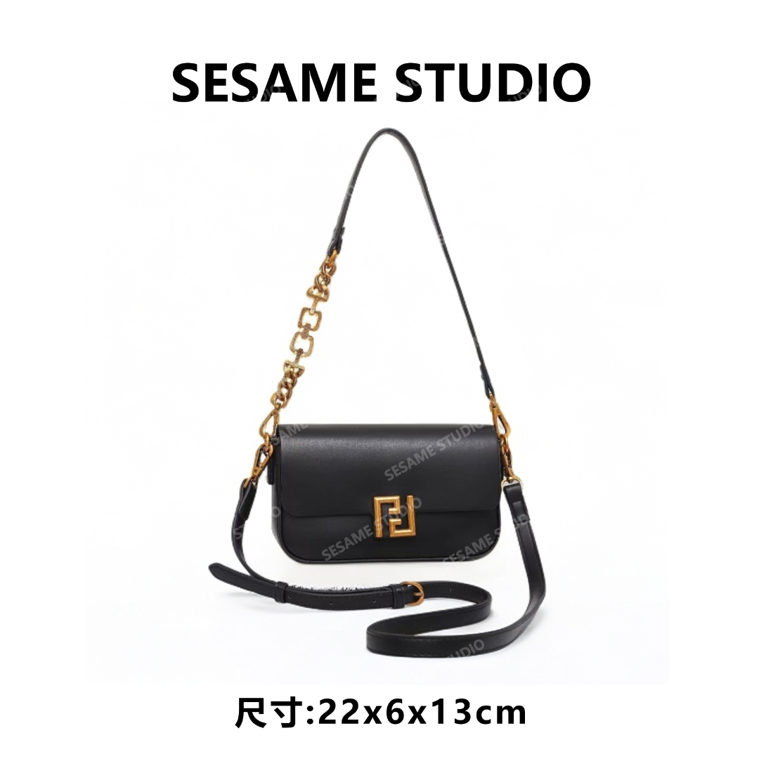 芝麻集】GQ-24872-黑色RAIN.CUN时尚秋冬百搭腋下法棍包女包