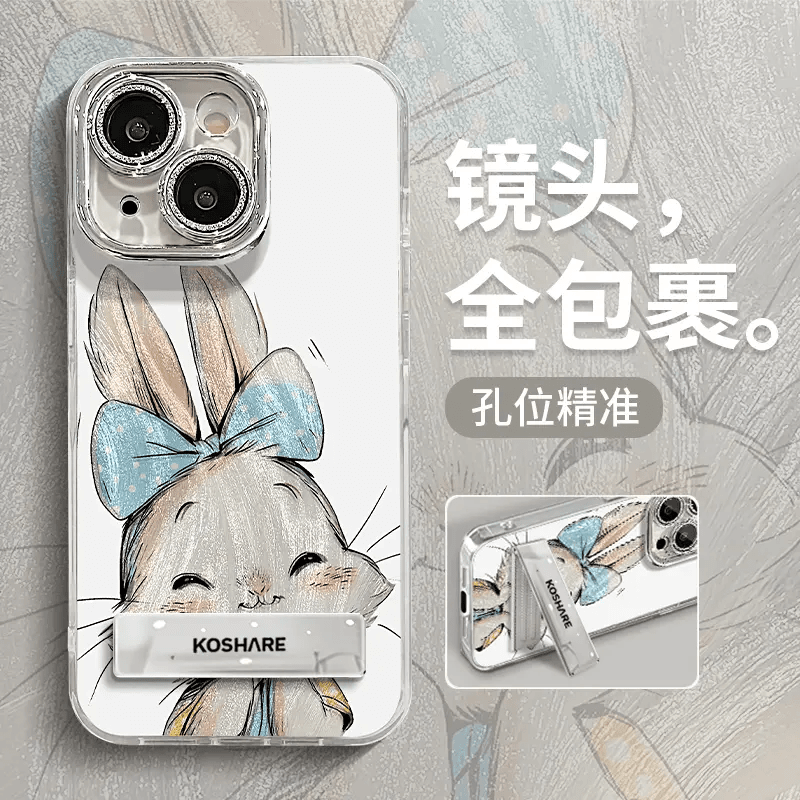 蝴蝶结兔子适用苹果15vivo华为oppo小米羽纱支架镜头膜全包手机壳