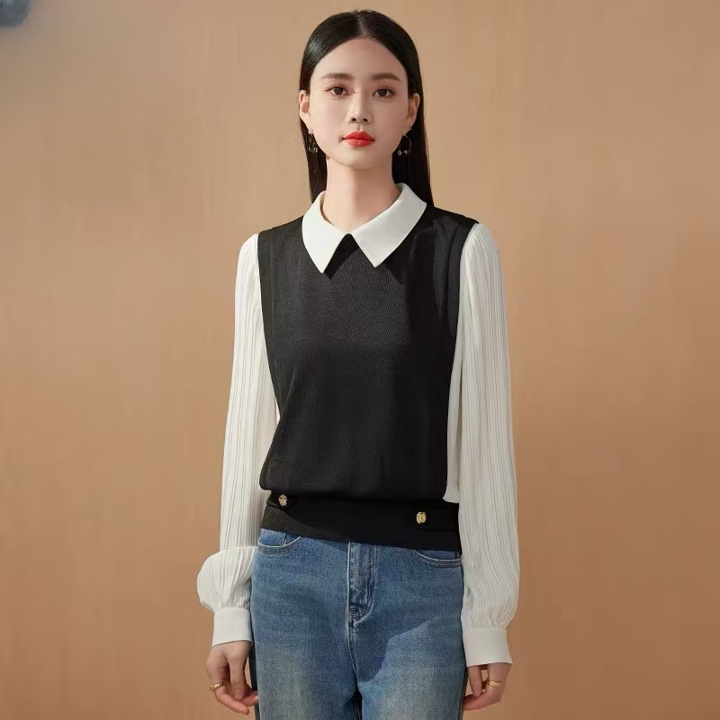 A011 春秋款时尚洋气假两件拼接百搭长袖衬衫JR