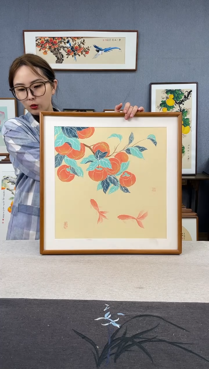 【闪购商品】国画手写手绘带框作品-52*52-柿子
