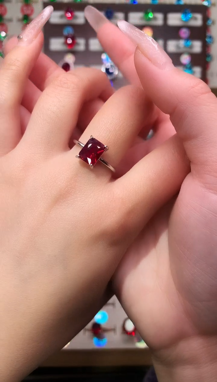 银S925镶嵌戒指红宝石7*9 酒红 银托