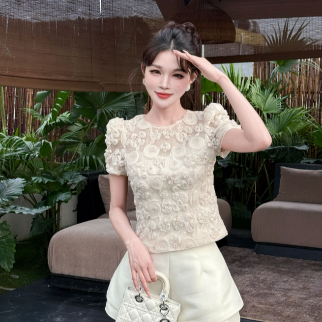 杏色朦胧透提花设计女春夏季新款设计感时尚显瘦-11588