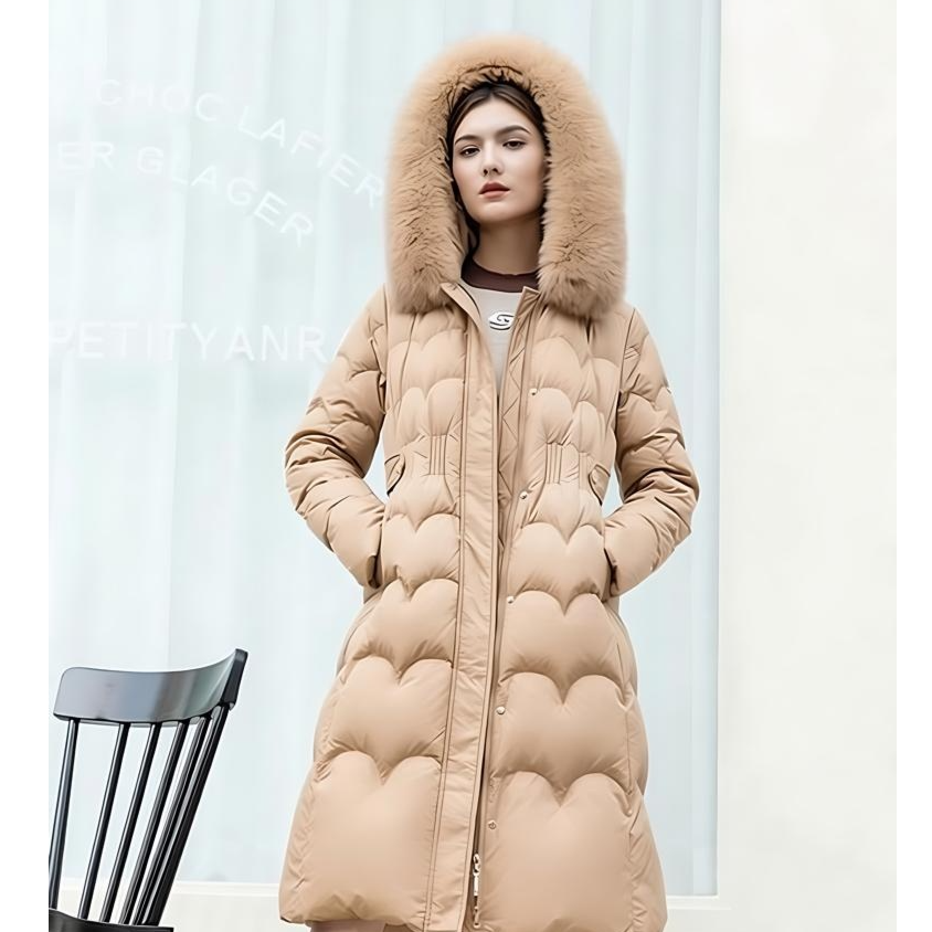 雪雕优品2025秋冬新款时尚连帽收腰中长款保暖鸭绒毛领羽绒服204