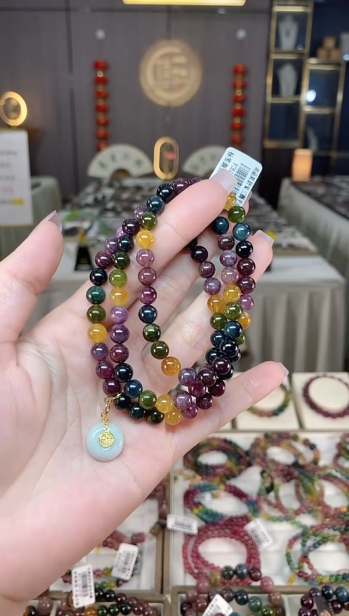 未镶嵌老矿碧玺彩虹三圈手串6mm+碧玺hon多样性发一条