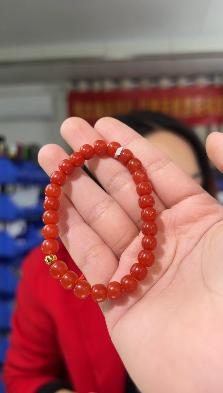 【闪购商品】南红玛瑙手串18K金镶嵌7mm保山南红老型珠手串单圈