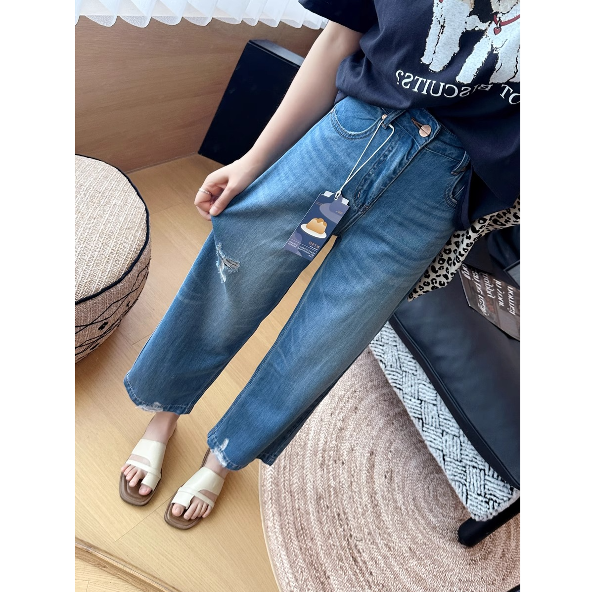 狂赞裤型~！九分破洞牛仔裤女夏季薄款凉感冰丝宽松显瘦阔腿直筒裤