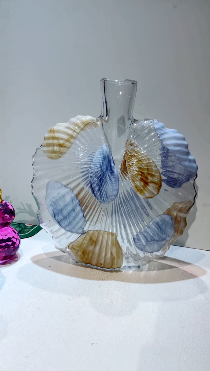 【闪购商品】琉璃手工艺品手绘叶子透明花瓶 微瑕