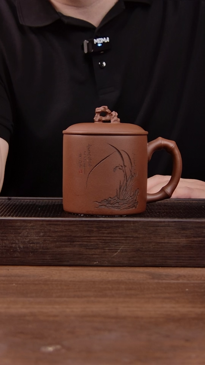 茶壶紫砂紫泥太湖石兰花刻绘盖杯！！直身桶/