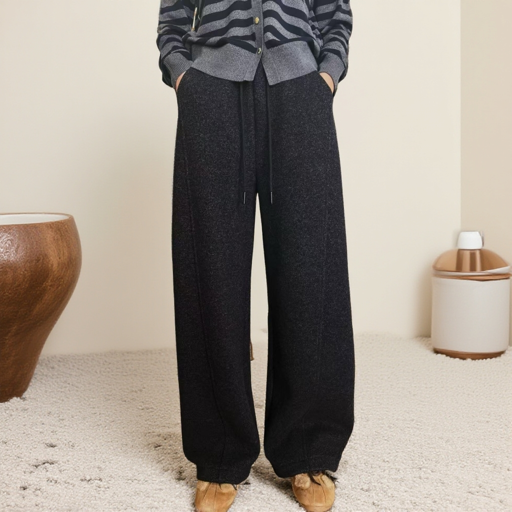 美大枷休闲秋冬高腰直筒裤阔腿裤高腰绵羊毛直筒宽松休闲裤