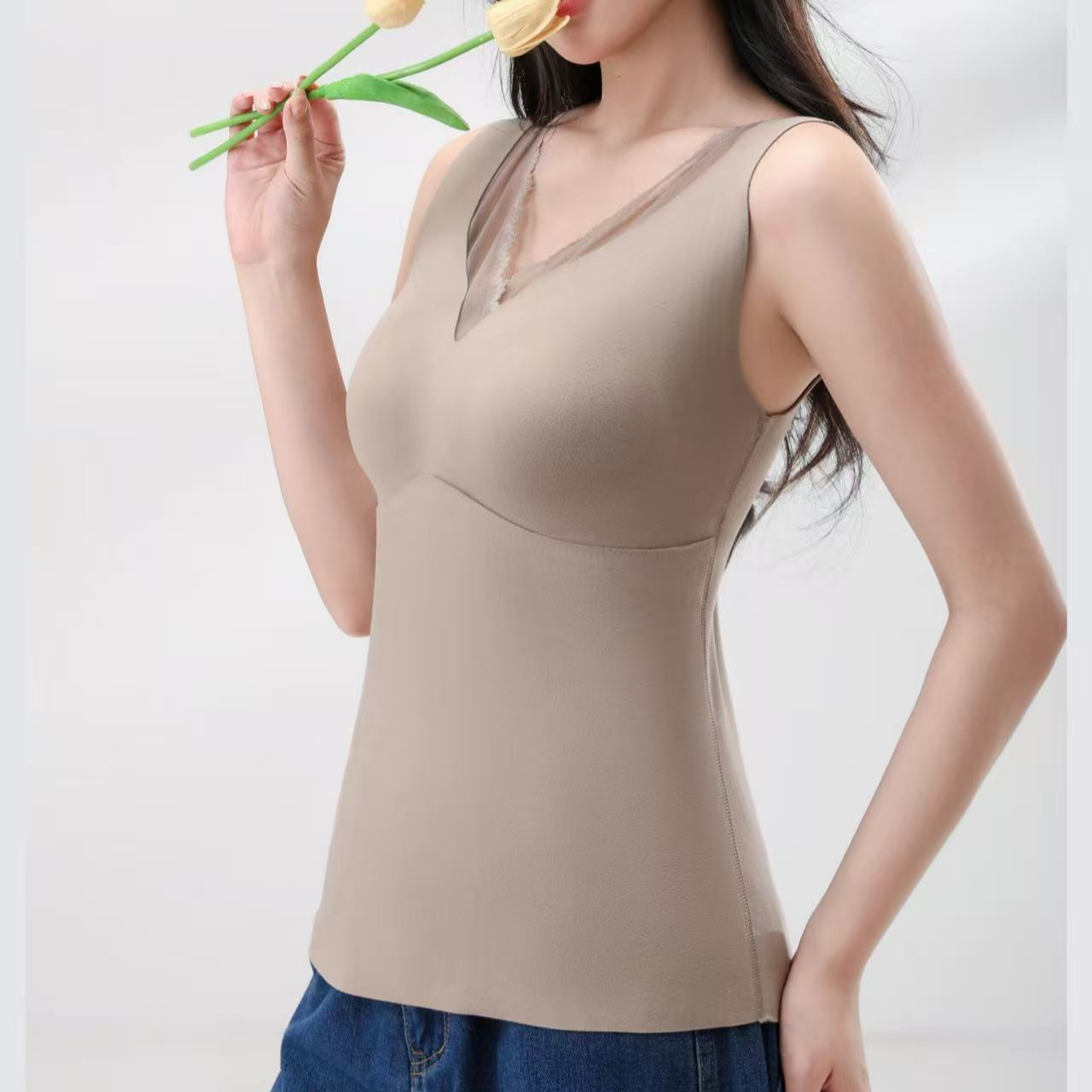 v领蕾丝边保暖美背吊带