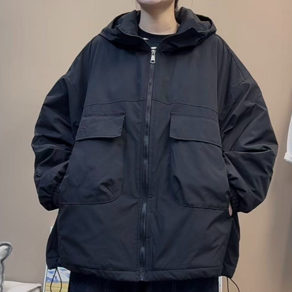 加棉多口袋连帽冲锋衣女宽松