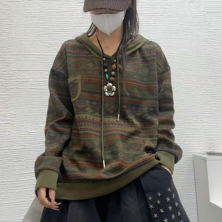 青禾-连帽印花卫衣文艺复古休闲单口带百搭宽松抬头上衣MHT6167