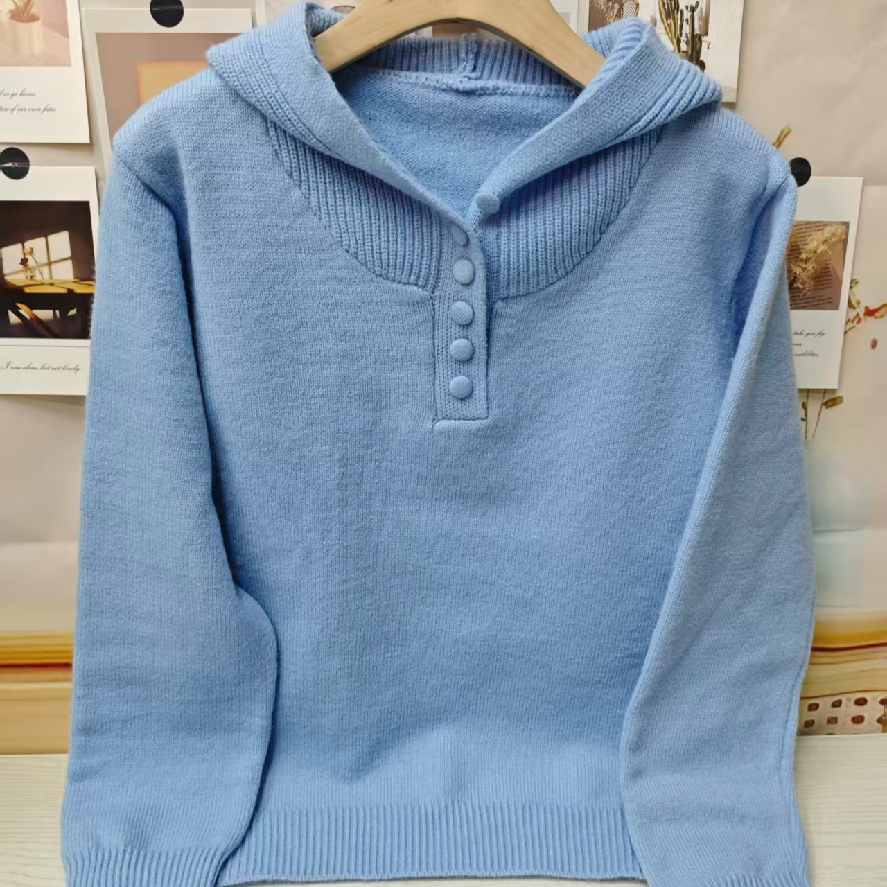 【半开纽扣帽衫-蓝】休闲针织毛针织衫轻熟风针织开衫毛衣连帽衫594