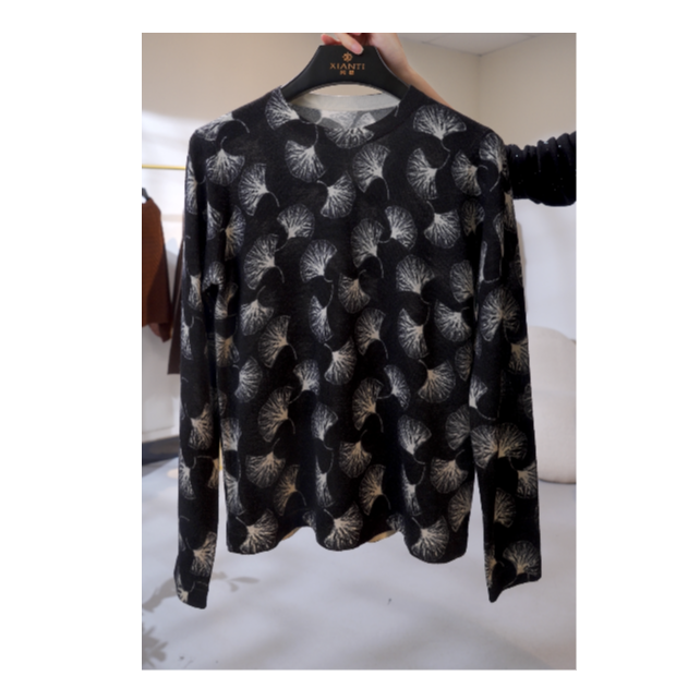 新款时尚气质百搭女装活性数码银杏圆领羊毛长袖上衣XT-2512155