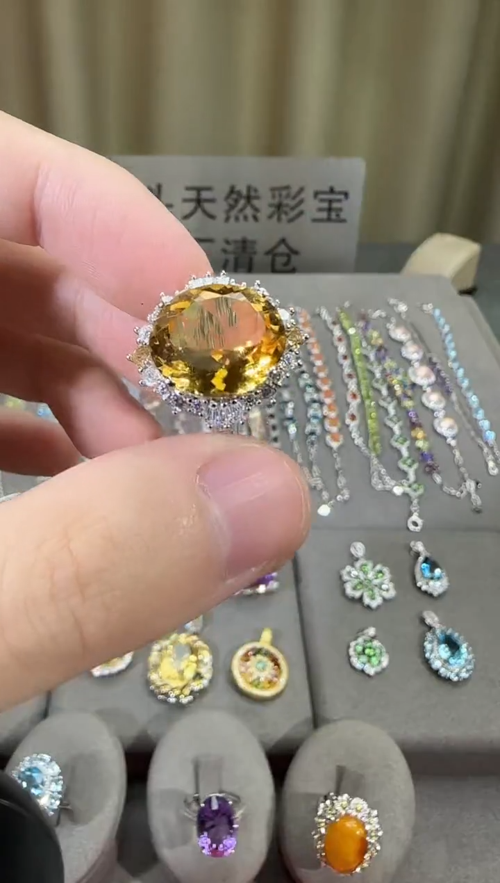 银S925镶嵌戒指黄晶14*12mm戒指高级款