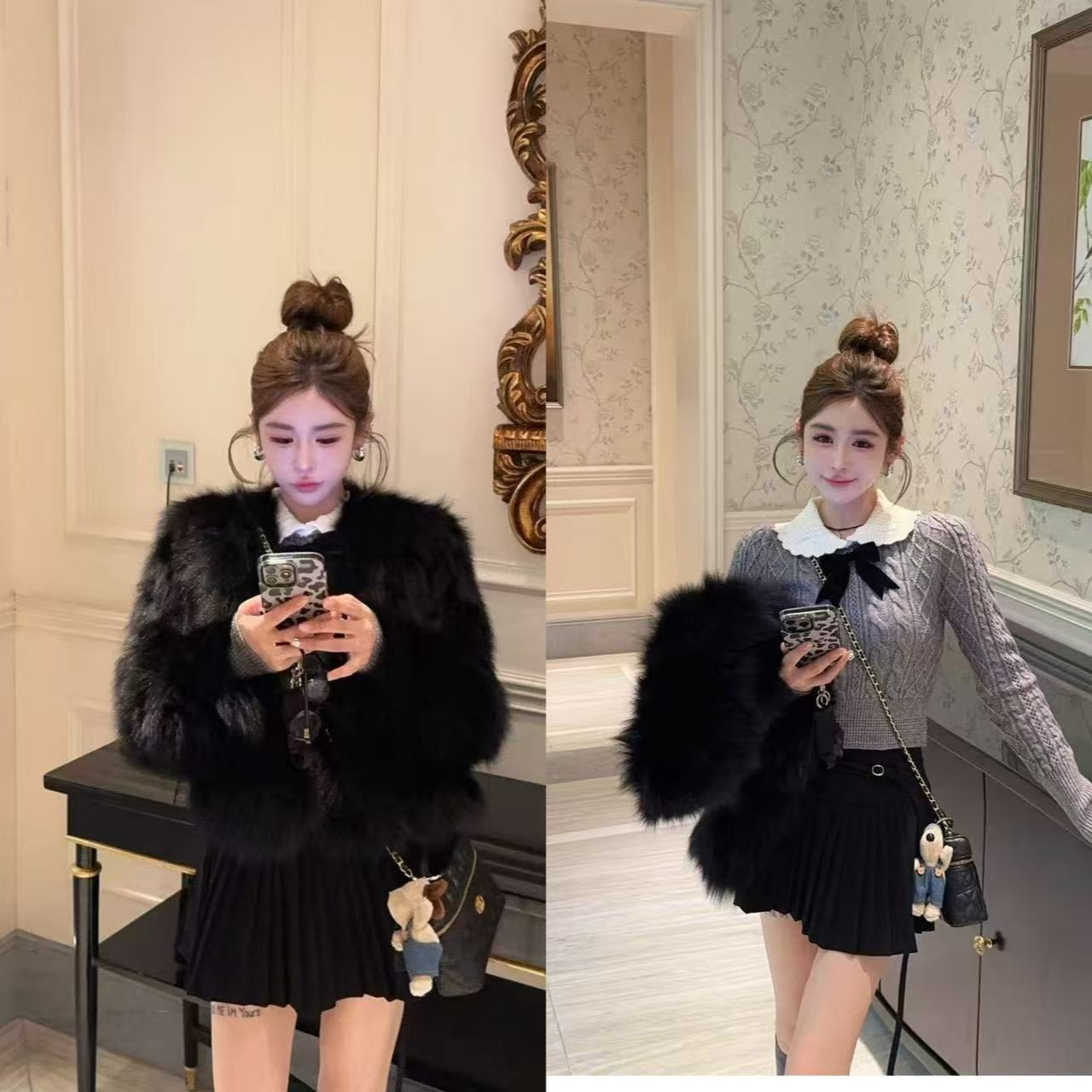 米娜家【coco女孩】泡菜订制重工灰色蝴蝶结针织毛衣