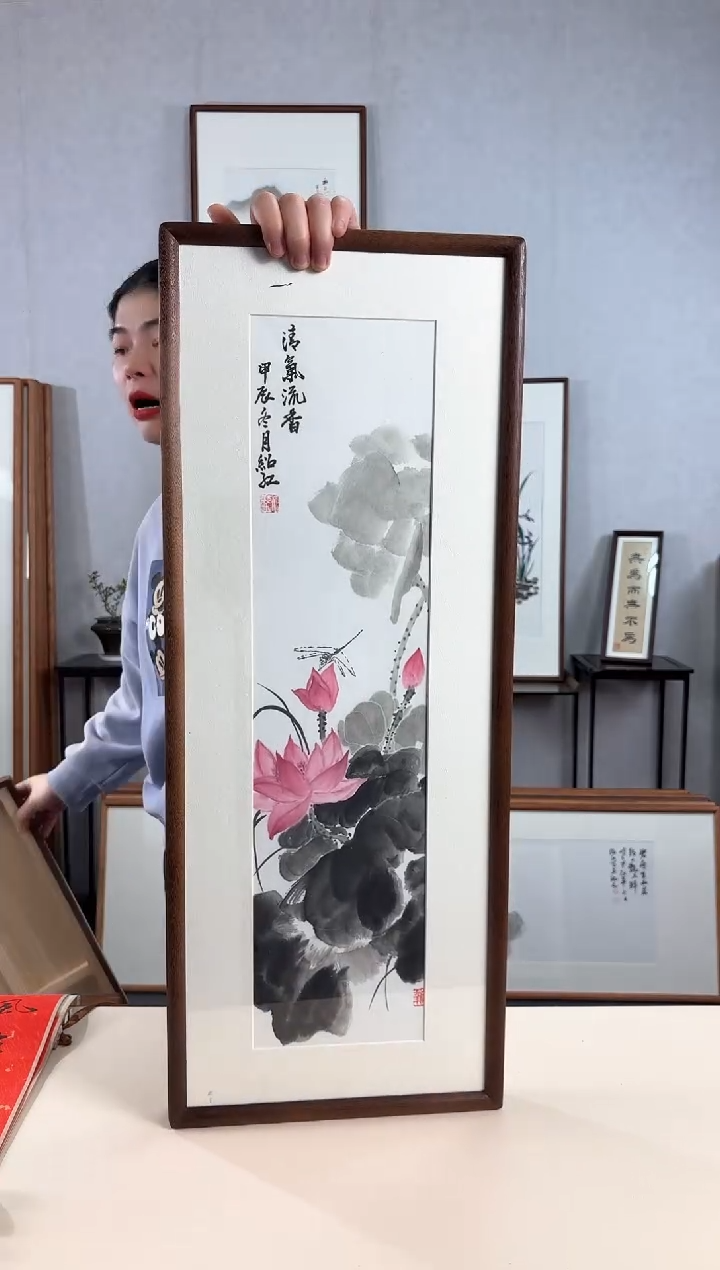 【闪购商品】国画手绘*荷花*28*72cm实木框