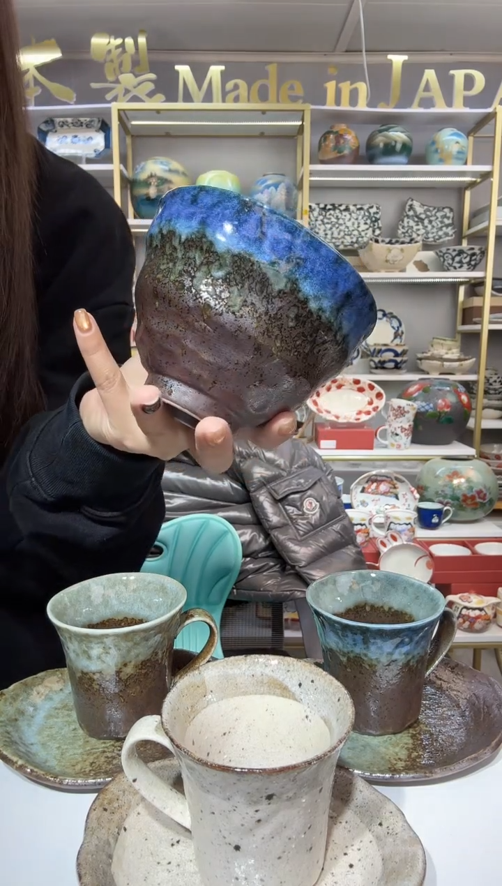 陶瓷白唐津饭碗大手捧碗11.8cm一只蓝色