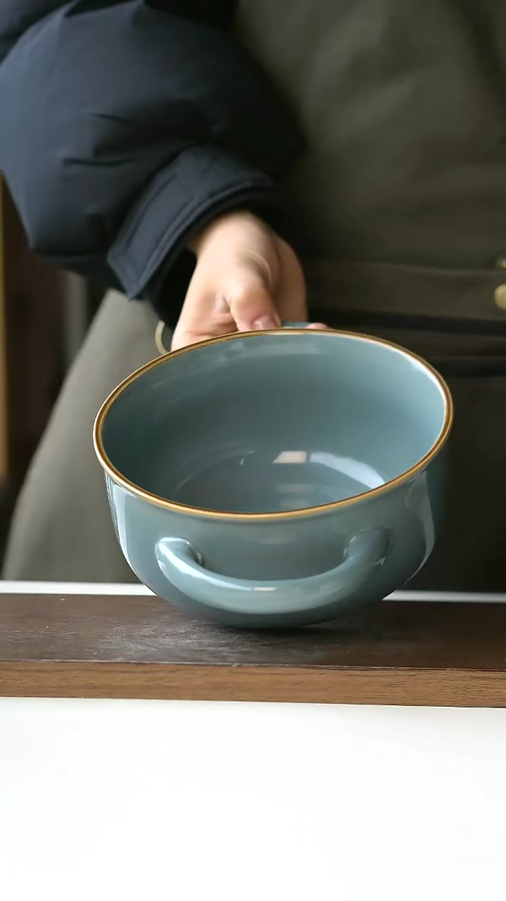 【闪购商品】陶瓷双耳汤碗蓝15.5cm@4-22