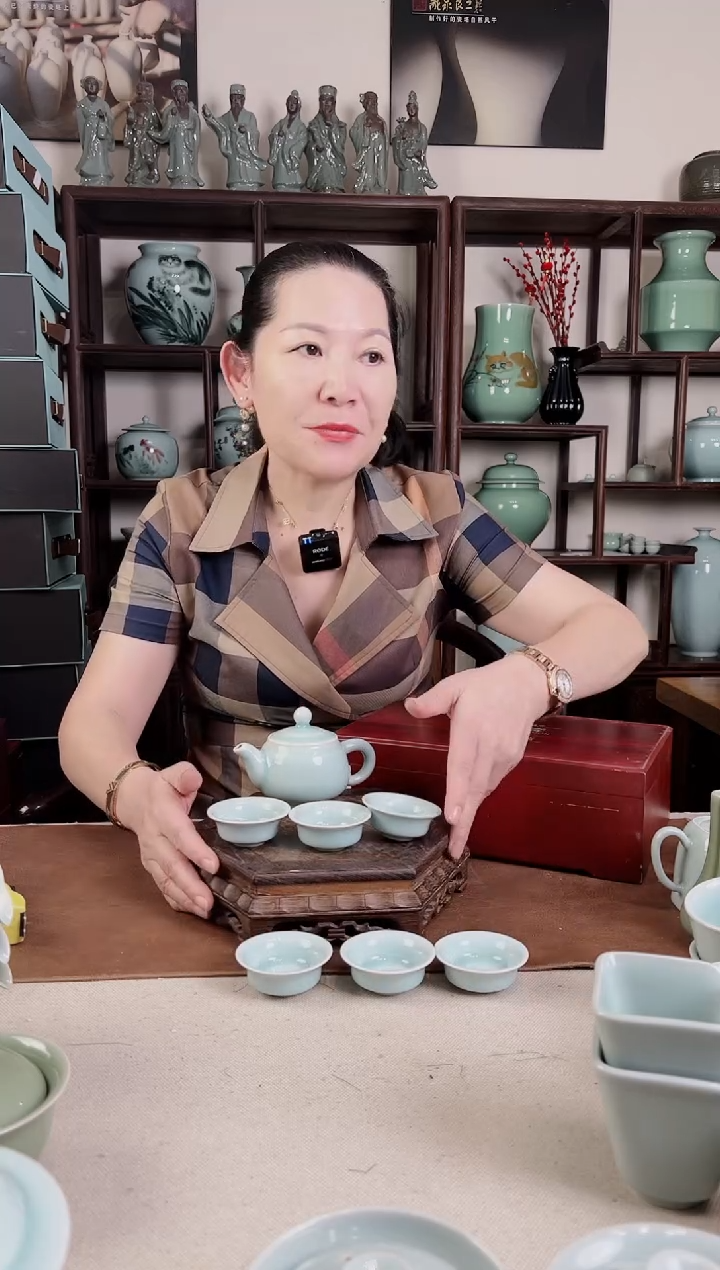 纯手工 粉青 7头茶具B（撇口杯）