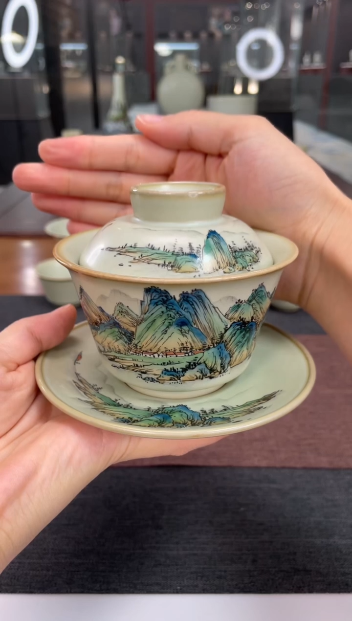 【闪购商品】周泽堂粉青余秀华彩绘 知足盖碗 千里江山