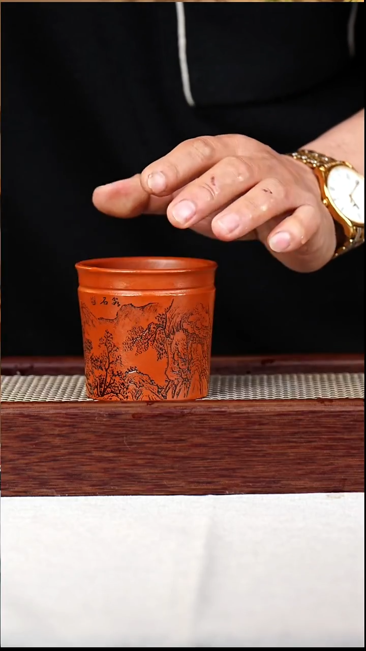 茶杯紫砂红泥山水刻绘180CC-0100