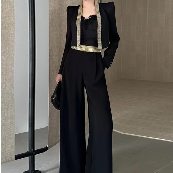 7290时尚套装女秋装25新款高端轻奢钉珠西服阔腿裤女神范两件套NJ