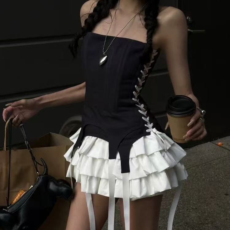 美式纯欲辣妹撞色假两件抹胸蛋糕裙设计感显瘦连衣短裙