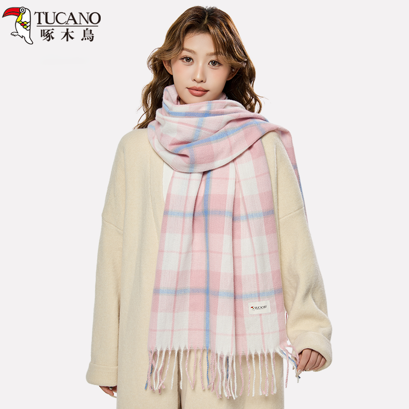 啄木鳥2025春新款粉色格子围巾女韩版百搭加厚保暖情侣围脖男秋季