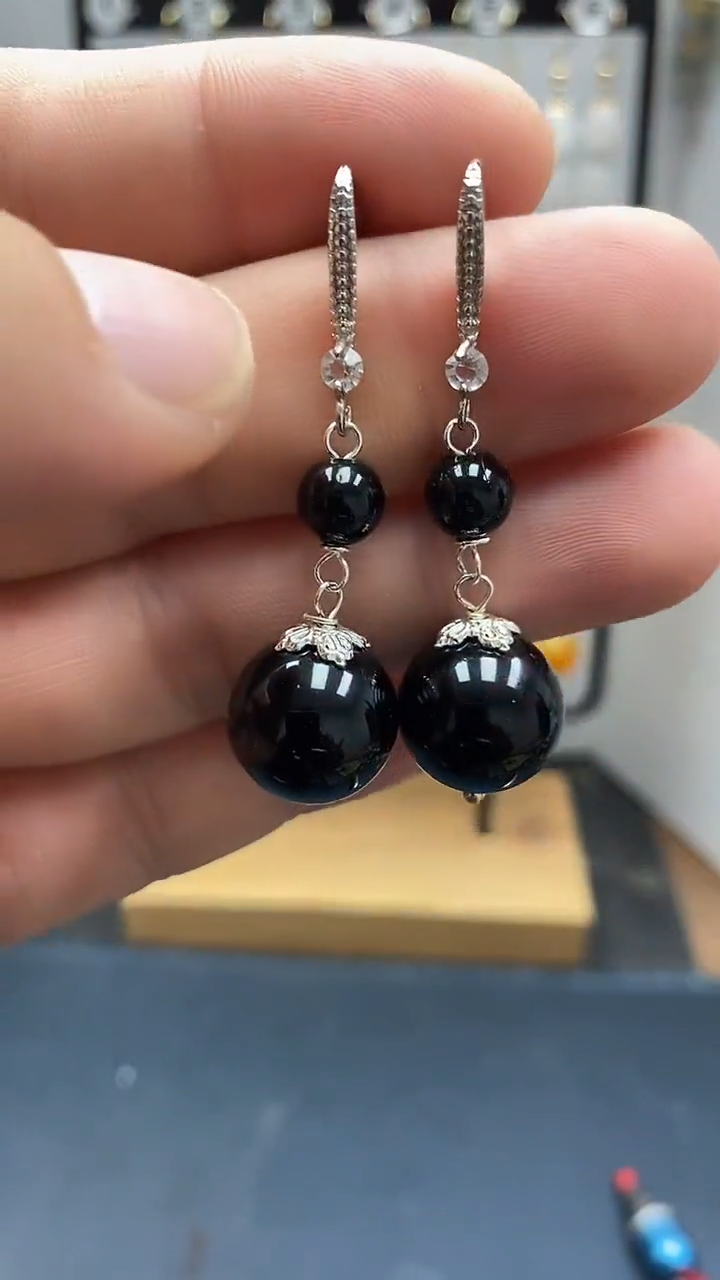 银S925镶嵌黑曜岩耳饰尺寸14mm连珠A5