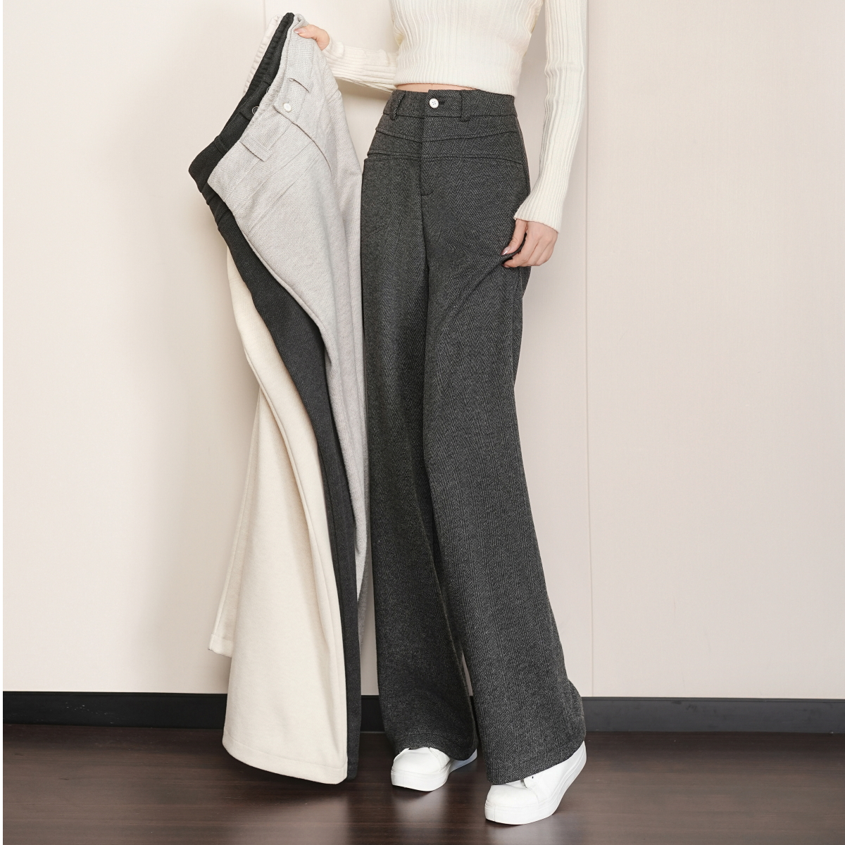 2025秋冬新款人字纹羊  绒毛呢高腰显瘦窄版直筒裤时尚百搭阔腿裤