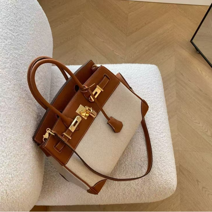 真皮帆布撞色高定手提女包