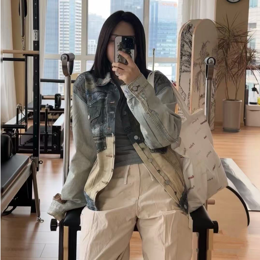 复古拼接做旧后背抽绳收腰牛仔外套男女同款