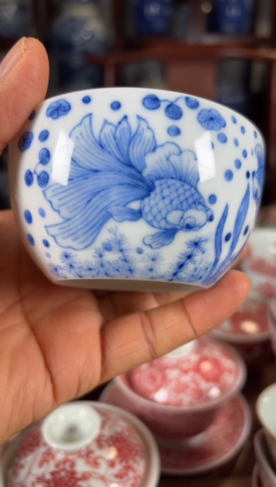 柴窑青花金鱼满堂杯杯