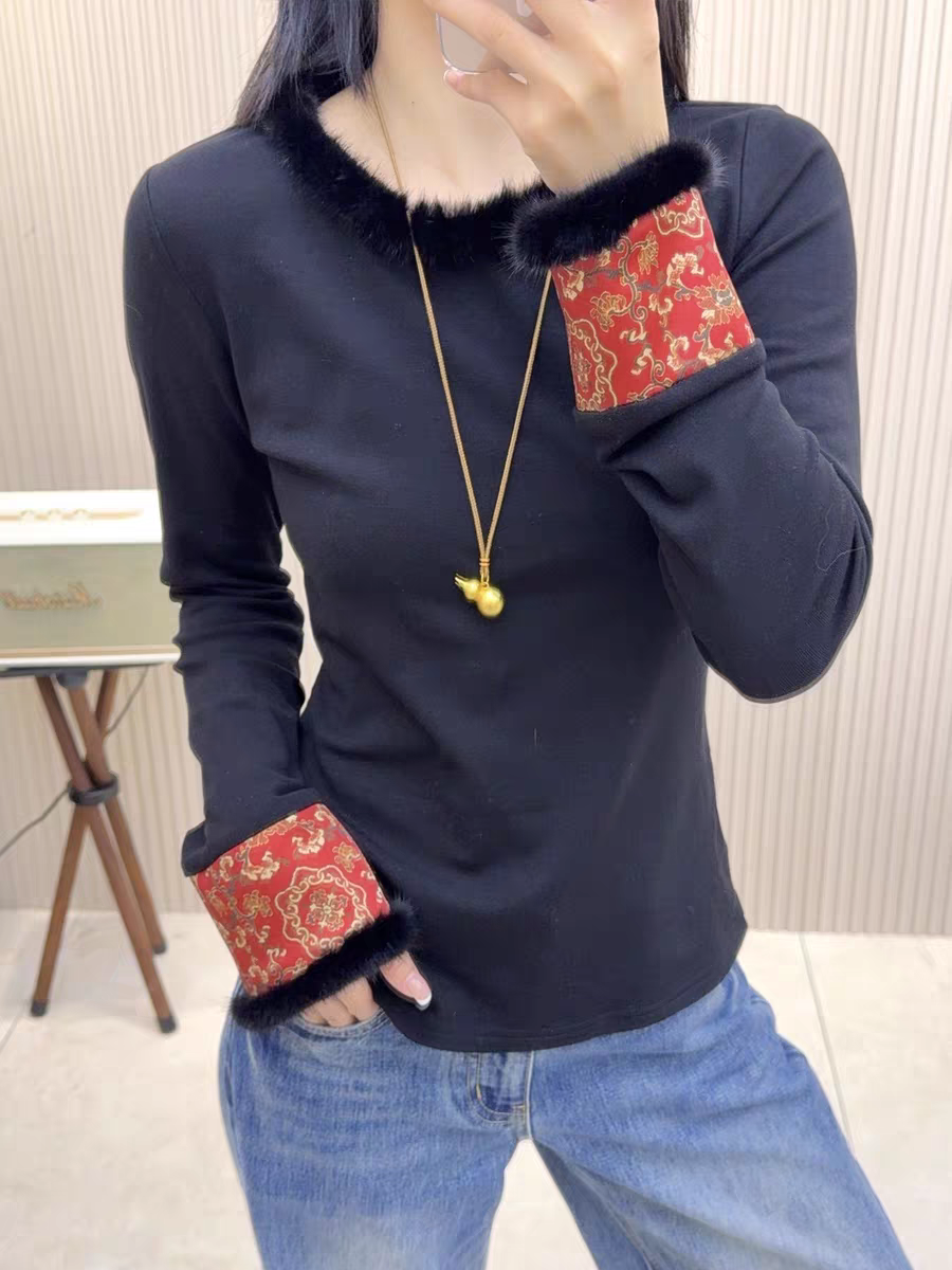 新中式长袖内搭常规款秋冬刺绣冬季上衣厚款百搭----11579