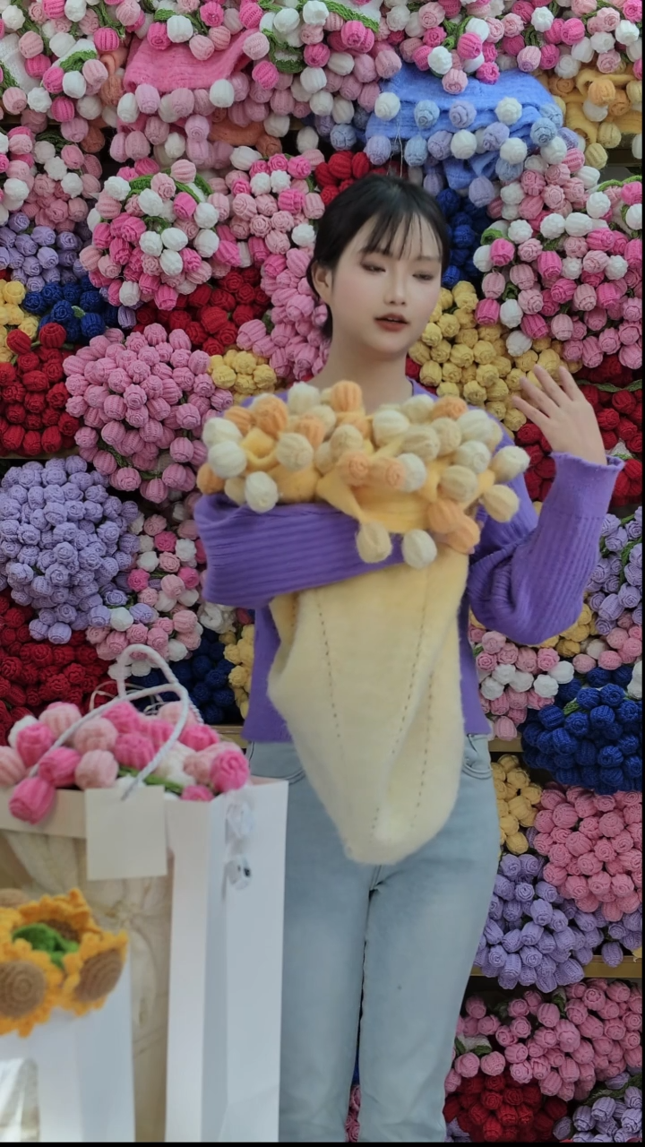 羊驼毛手工编织渐变玫瑰花毯子