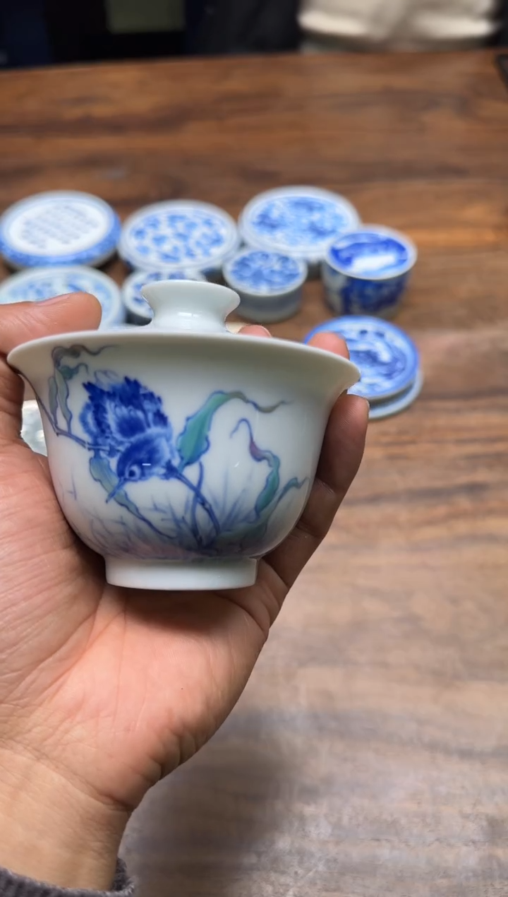 一儒堂 青花加彩单翠二才盖碗